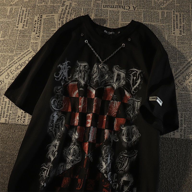 Áo Thun Nam Tay Ngắn In Hình Bàn Cờ Mỹ Phong Cách Retro Đường Phố Phương Tây Niche