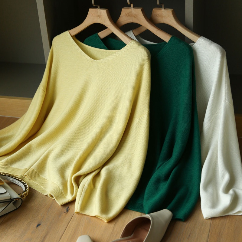 Áo len nữ RENJIANVSHENG tay dài cổ chữ V thời trang