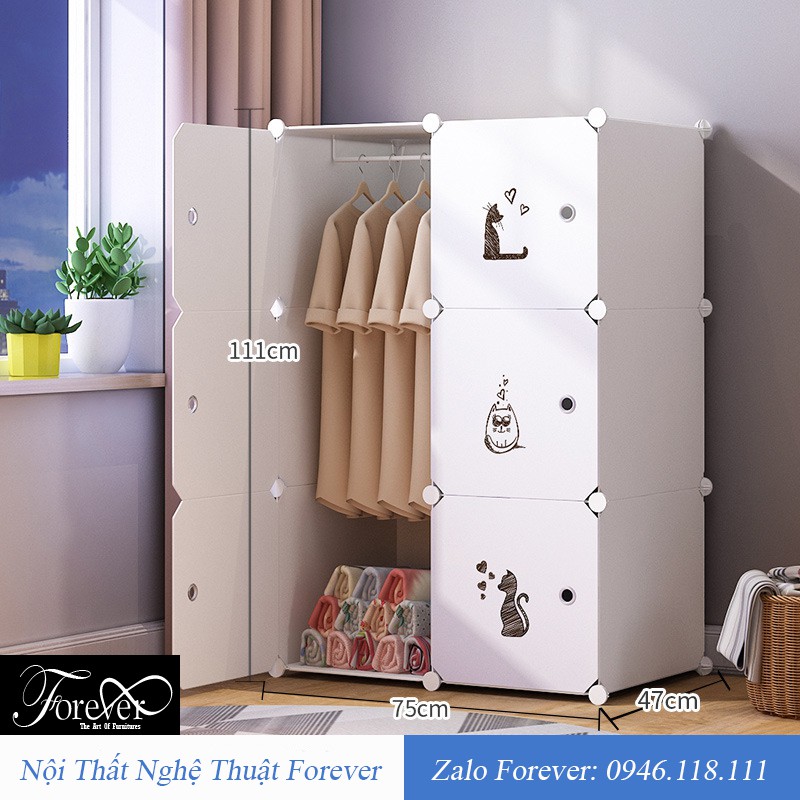Tủ nhựa cho bé 6 ô 75*111*47cm Decal mèo ngộ nghĩnh màu trắng - Nội Thất Nghệ Thuật Forever