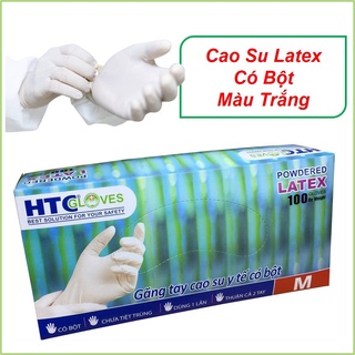 Găng tay y tế HTC Gloves có bột cao su latex màu trắng size S, M hộp 100 cái.