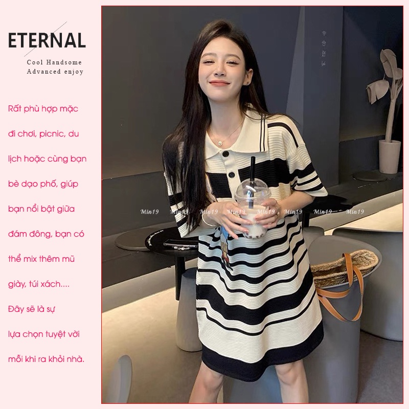 Váy Len Suông MIN19 Đầm Len Mongtoghi Dệt Kim Tay Ngắn Dáng Dài Kẻ Kiểu Cổ Bẻ Form Rộng Bigsize Thời Trang Hàn Quốc
