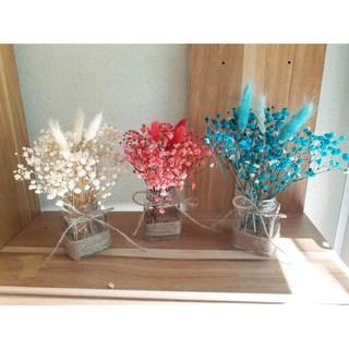 HOA BABY KHÔ MIX ĐUÔI THỎ kèm LỌ THỦY TINH DECOR SẴN,  - trang trí, decor phòng
