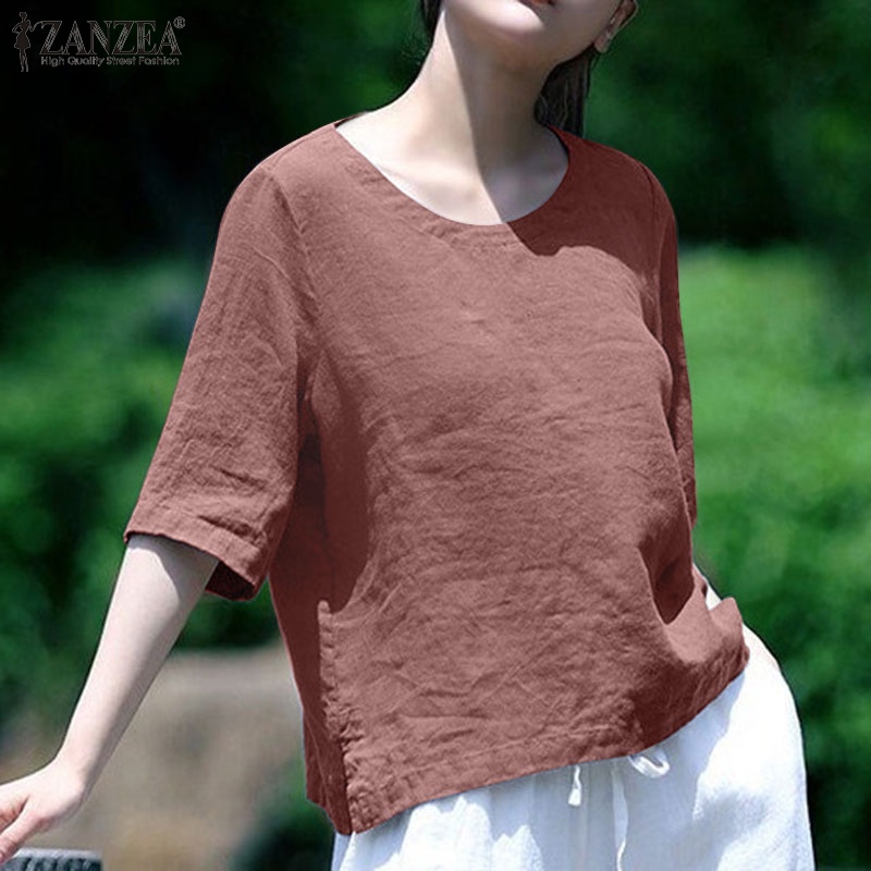 Zanzea Áo Kiểu Tay Lỡ Cổ Tròn Màu Trơn Dáng Rộng Phong Cách Retro Dành Cho Nữ