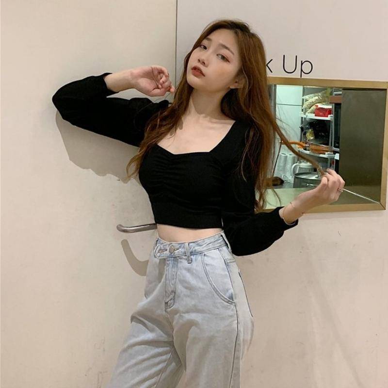 Áo Croptop Tay Phồng Dài Cổ Vuông Phong Cách Hàn Quốc Thời Trang 2022 Cho Nữ