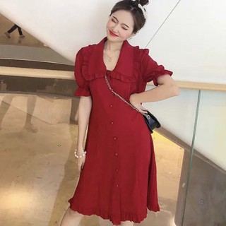 Đầm váy freesize đỏ suông cổ bèo nút bọc