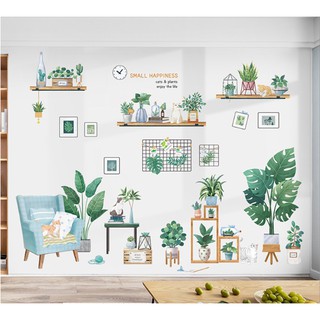 Decal dán tường Combo 3 tranh bộ kệ chậu cây xương rồng xanh + lá nhiệt đới + mèo xinh