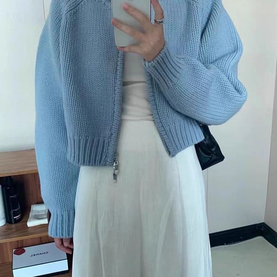 Áo Khoác Cardigan Dệt Kim Dáng Ngắn Phối Khóa Kéo Phong Cách Mùa Thu Hàng Mới Dành Cho Bạn Nữ