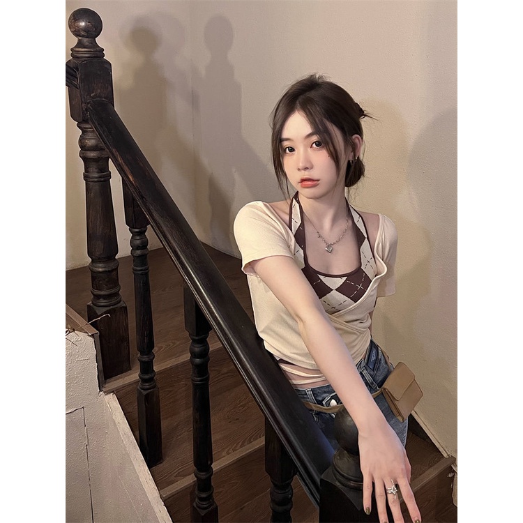 COZOK Set Áo Thun Tay Ngắn + Áo Hai Dây Đan Chéo Thời Trang Dành Cho Nữ