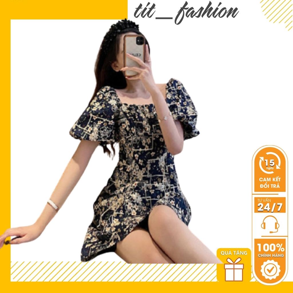 Đầm hoa nhí , váy chữ a ngắn , cổ vuông , tay bồng tiểu thư phong cách Hàn Quốc | BigBuy360 - bigbuy360.vn