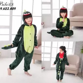 Bộ Đồ thú khủng long xanh liền thân lông mịn Pijama kiểu dáng Động Vật Hoạt Hình Cosplay 1901