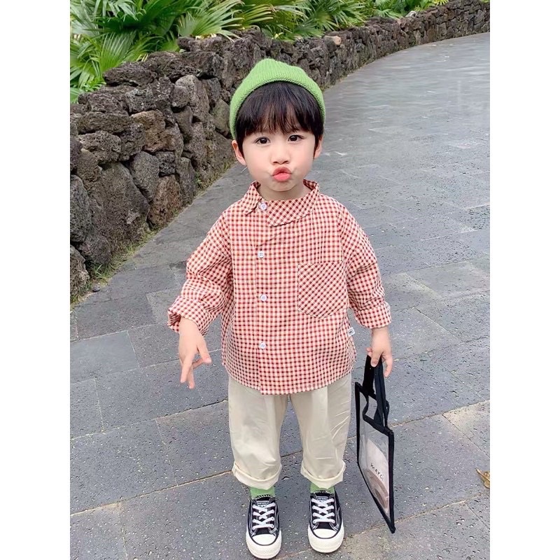 Áo sơ mi tay dài cổ lệch cho bé trai và bé gái từ 9kg đến 26kg form rộng phối túi ngực thời trang A1 - AYYKAO