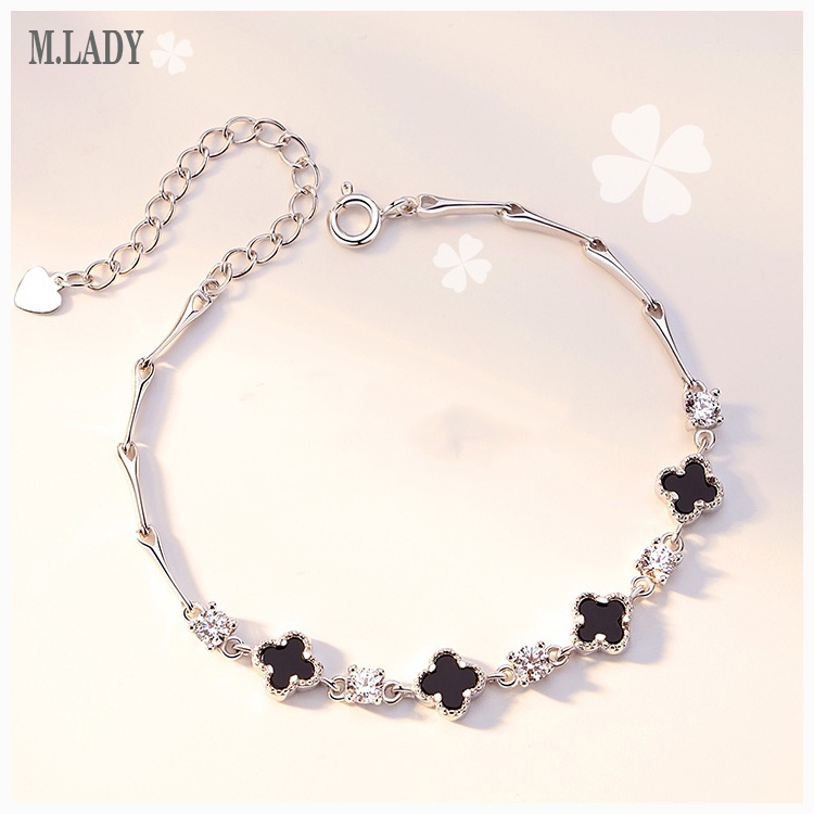 Lắc Tay Bạc Nữ hình Cỏ Bốn Lá Đính Đá Onyx  - Vòng Tay Bạc tự thiết kế M.Lady Jewel