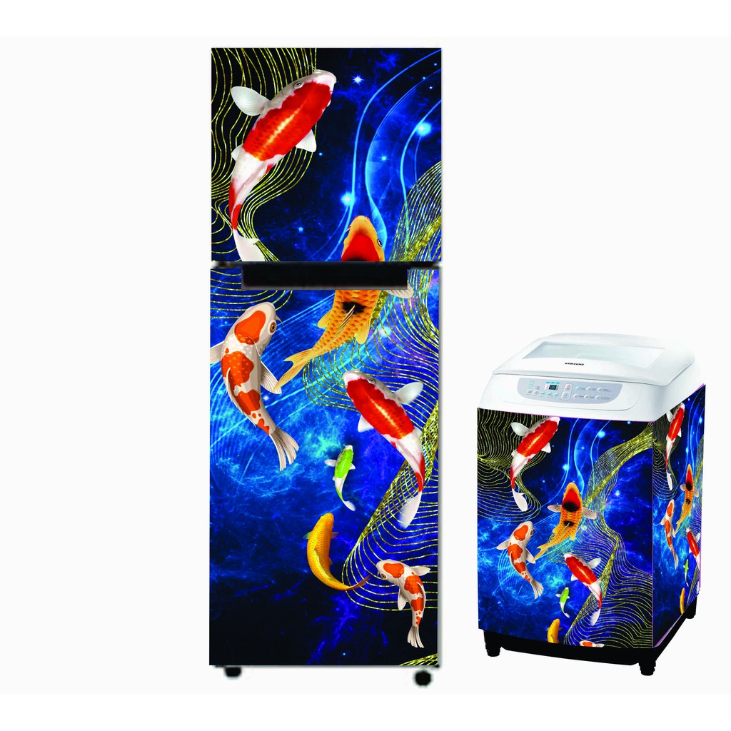 Combo miếng dán tủ lạnh và máy giặt không thấm nước mẫu 3D cá Koi sang trọng (Kèm lưỡi dao và tờ hướng dẫn)