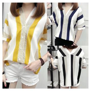 Áo sơ mi tay ngắn cổ chữ v hoạ tiết kẻ sọc size m-4xl