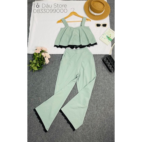 Set bộ áo hai dây croptop hai lớp và quần dài ống suông