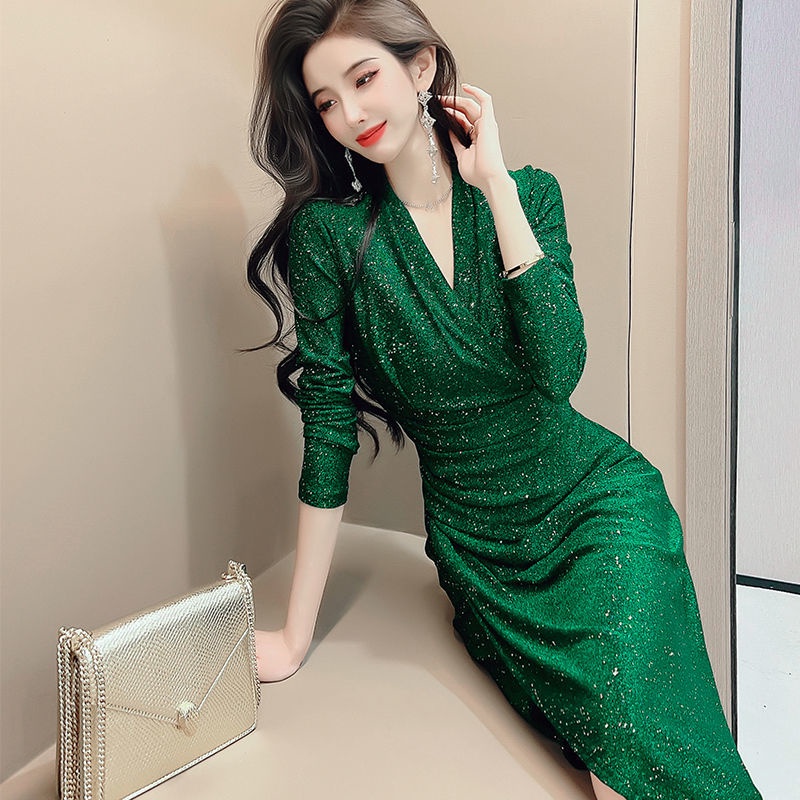 Đầm Cổ Chữ V Dáng Ôm Dài Vừa Vặn Thời Trang Mùa Thu 2022 Mới Thanh Lịch Cho Nữ