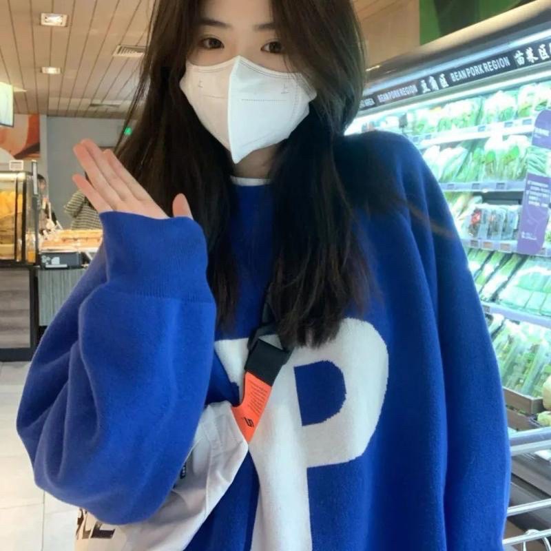 Áo Sweater Xanh Chữ P Unisex [FREESHIP] Nỉ form rộng tay phồng kiểu dáng thể thao đường phố hàn quố