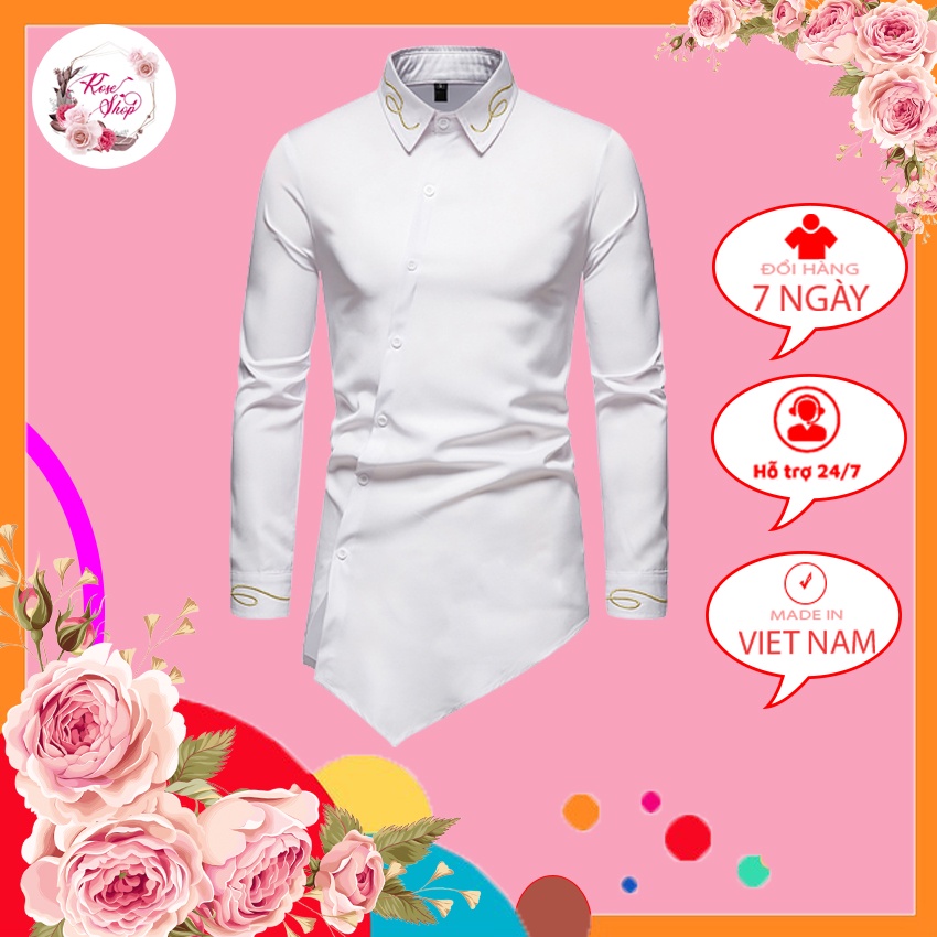 Áo sơ mi, Áo sơ mi nam cổ đứng thêu hoa văn, vạt chéo tạo điểm nhấn cho chiếc áo của bạn, sang trọng, lịch lãm H37