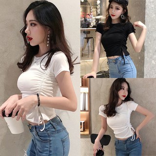 Áo thun tay ngắn cổ tròn dây rút cho nữ