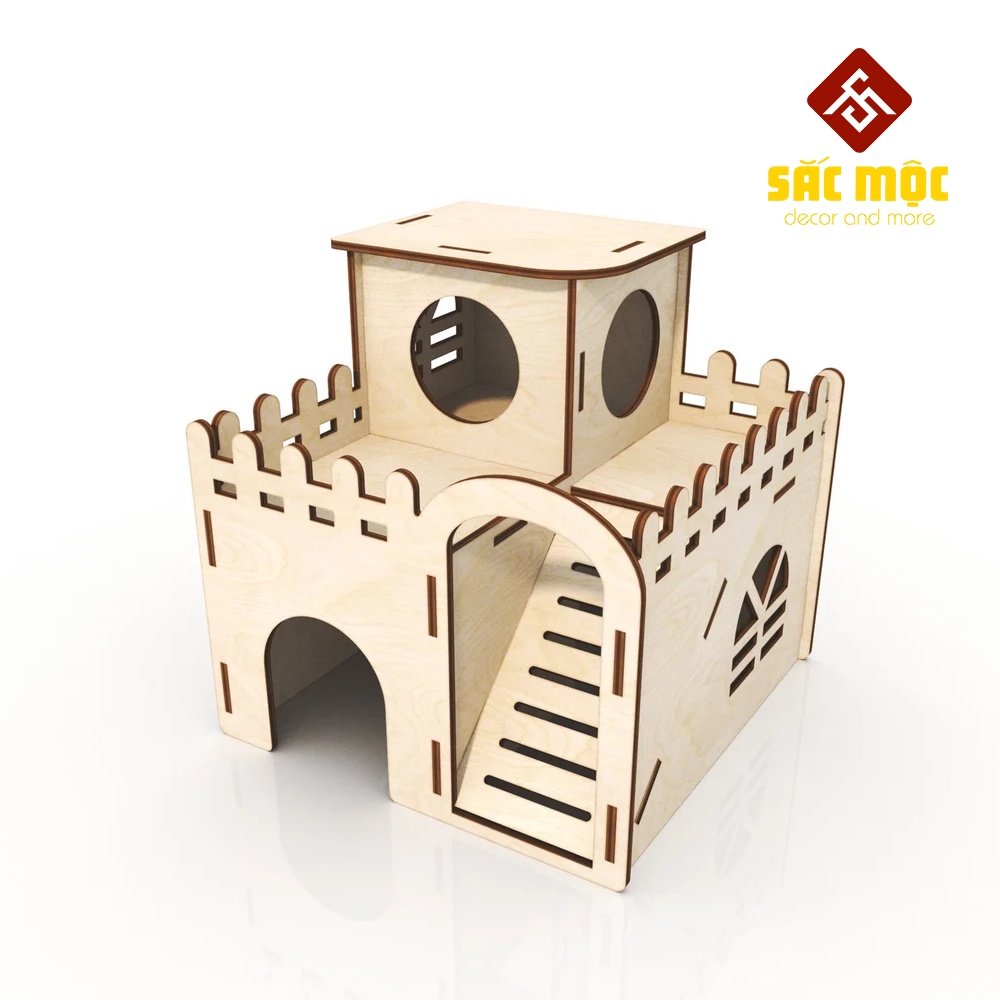 Mô Hình Nhà 2 Tầng #13 Gỗ Lắp Ráp Cho Lồng Chuột Hamster Size 16*16*16 cm