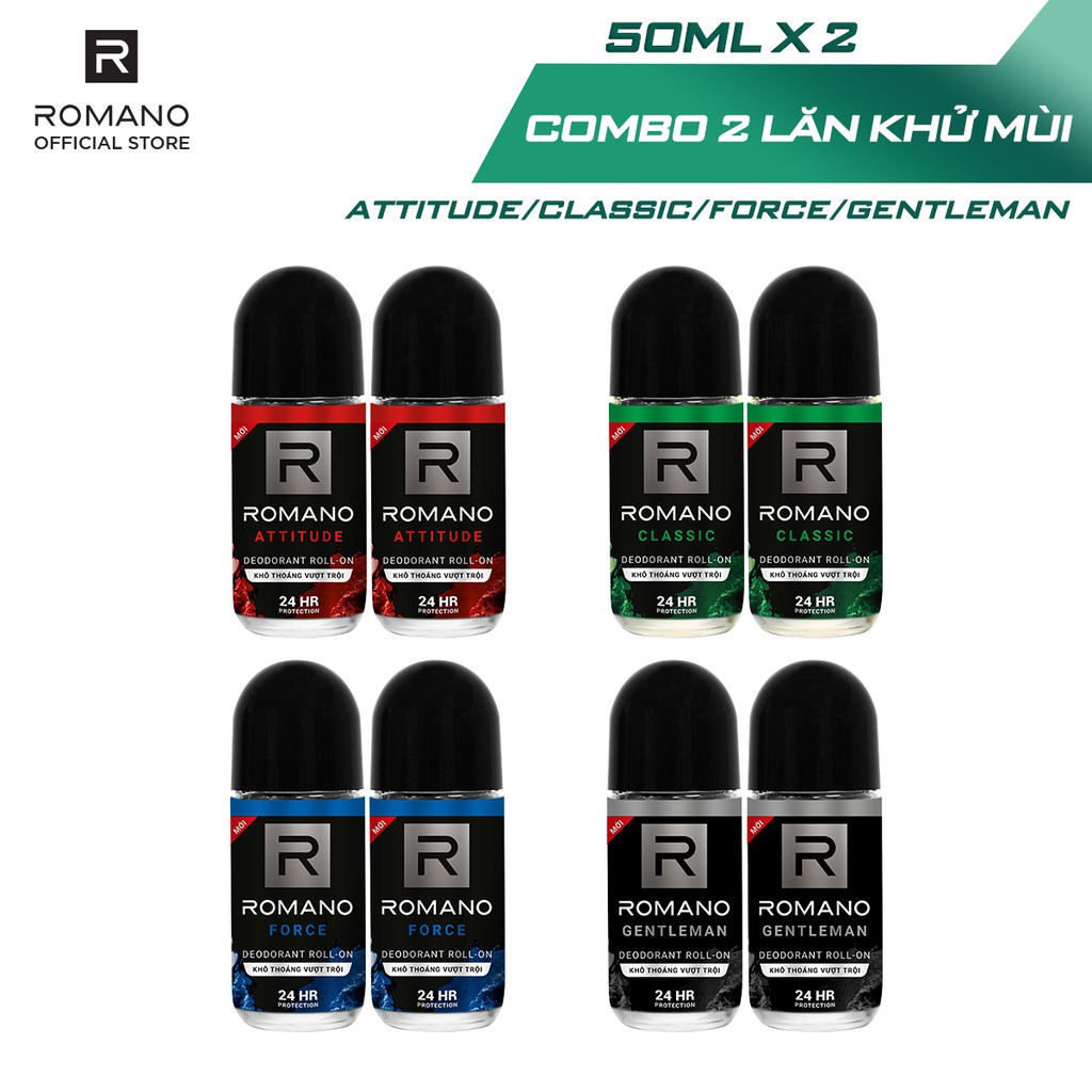 Combo 2 Lăn khử mùi Romano kháng khuẩn &amp; khô thoáng cả ngày 50ml/chai