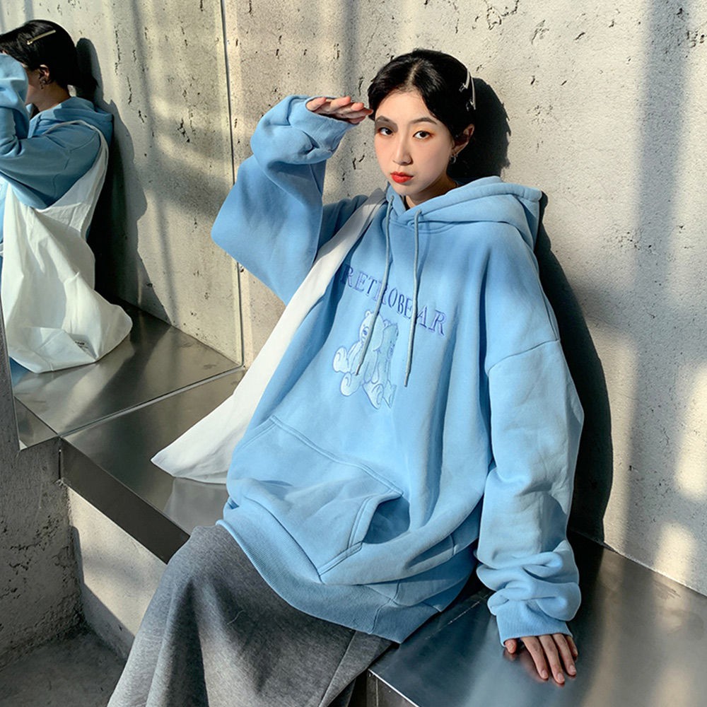 Áo khoác hoodie lót nhung dày dặn dáng rộng in hình gấu phong cách Hàn Quốc vintage dễ thương cho nữ