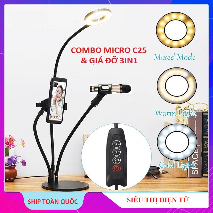 Micro C25, Giá Đỡ Đèn 3in1, Tặng Tai Nghe - Combo Micro C25 Livestream Hát Karaoke Giả Giọng Cực Hay New 2020