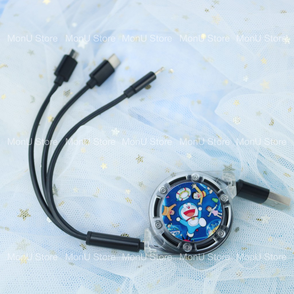 Cáp sạc dây rút 3 đầu Lightning, Type C, Micro USB in hình DORAEMON dễ thương cute