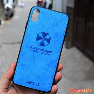 Ốp Lưng Iphone XS Max Vân Da Khắc Hình Cây Dù Viền Chỉ (Full Màu)
