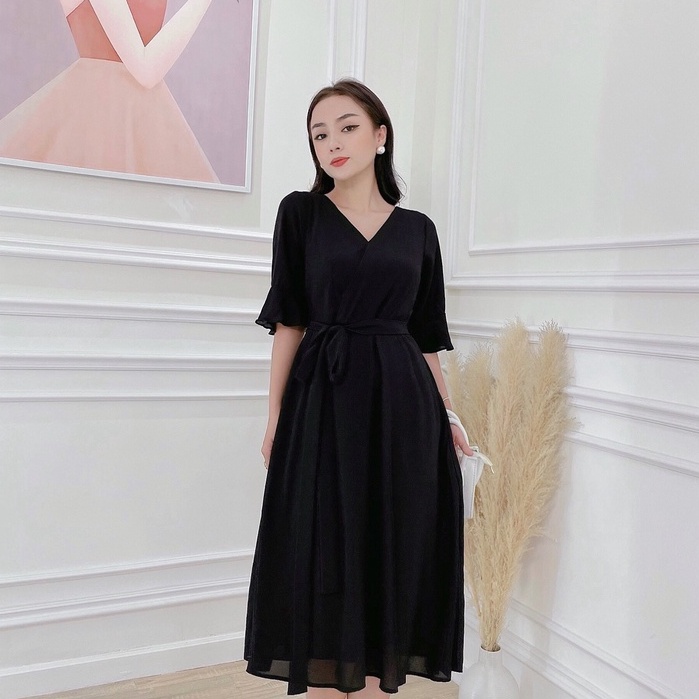 Váy Công Sở NHẬT VY Chất Voan Dáng Xoè Cổ Chữ V Tay Lửng Bèo Phối Dây Eo Màu Đen, Trắng, Nude - D2362