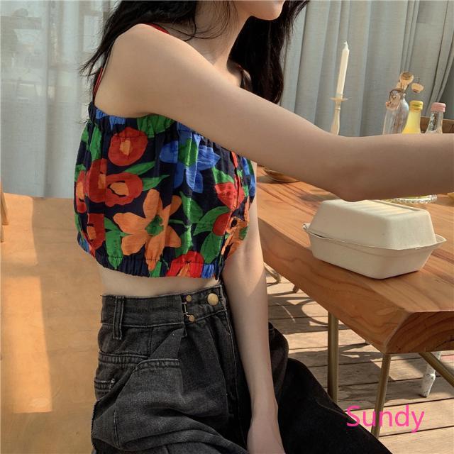 Áo hai dây in hoa thời trang retro mùa hè thích hợp cho nữ