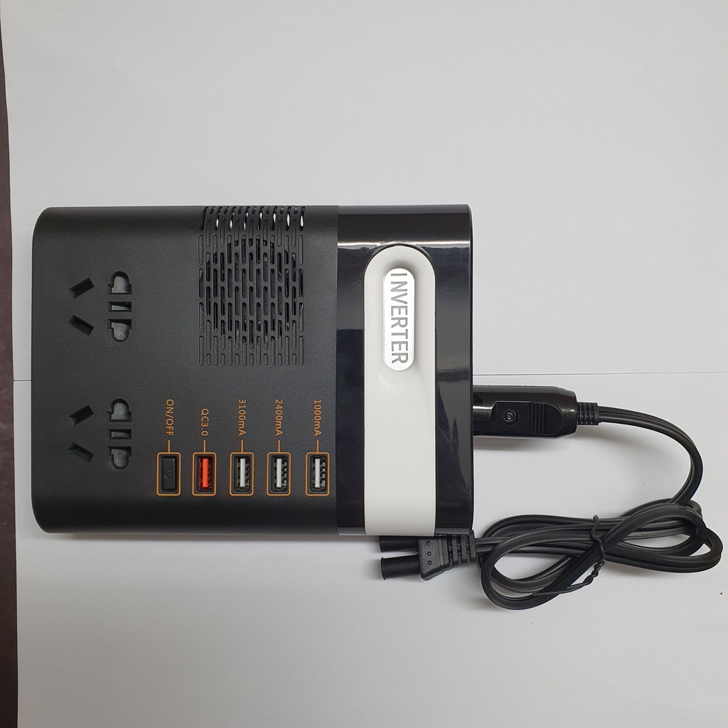 Bộ chuyển đổi nguồn 12V-24V Sang 220V Dành Cho Ô Tô 150W Ci01, hỗ trợ 4 cổng Usb, 2 cổng 220V, có cầu chì bảo vệ