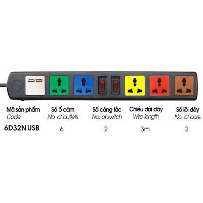 Ổ cắm Lioa 5 lỗ 3m có cổng sạc USB 5V - 1A (6D32NUSB)