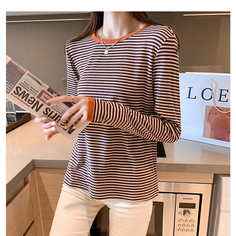 Áo Thun Dài Tay Dáng Rộng Họa Tiết Kẻ Sọc Màu Sắc Tương Phản Thời Trang Mùa Thu Mới