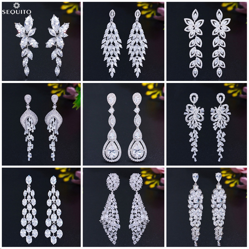 Sequito Bông Tai Dáng Dài Đính Đá Zircon Màu Bạc Thời Trang Đám Cưới e613