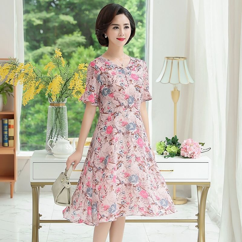 ﺴ△Váy đầm mùa hè của phụ nữ trung niên voan mẹ 40-50 tuổi ngắn tay dài qua gối và cao