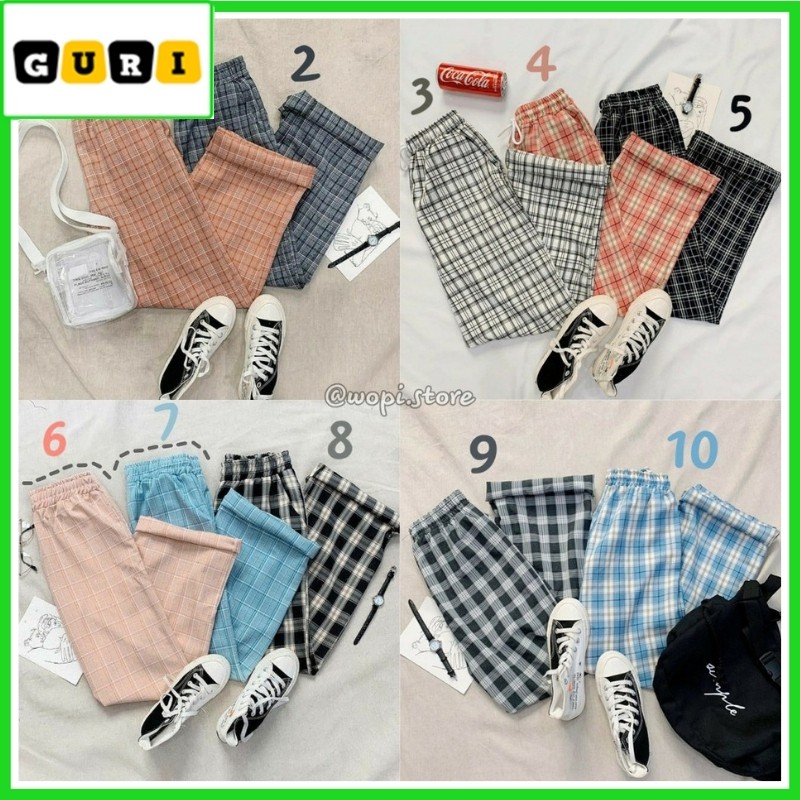 Quần ống rộng lưng cao unisex GURI quần caro ống rộng Tặng quà ngẫu nhiên QCR01