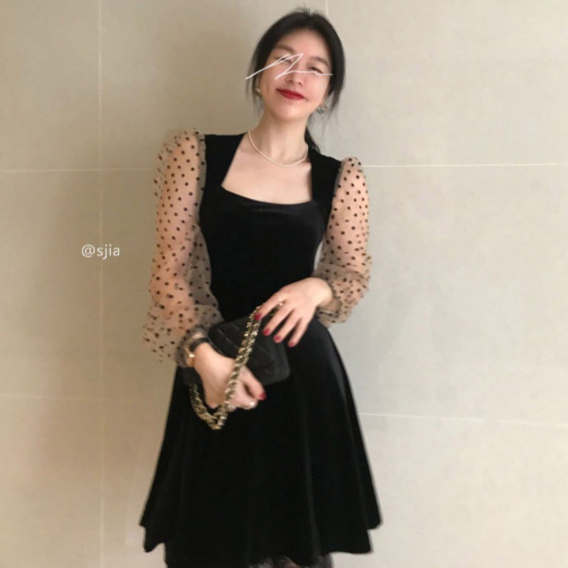 Đầm Nhung Tay Dài Phối Lưới Họa Tiết Chấm Bi Thời Trang Cho Nữ | BigBuy360 - bigbuy360.vn