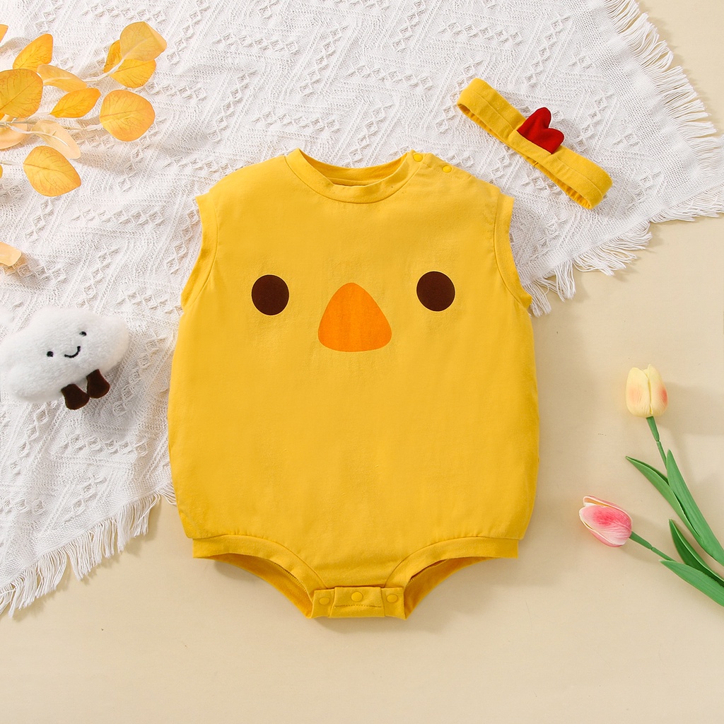 Áo liền quần BCBL ngắn tay in hình gà nhjỏ dễ thương kèm băng đô cho bé