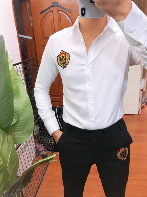 Sơ Mi Nam Trắng Phối Họa Tiết Thêu Lá Lúa cao cấp Vải Lụa Chống Nhăn Không Xù | BigBuy360 - bigbuy360.vn