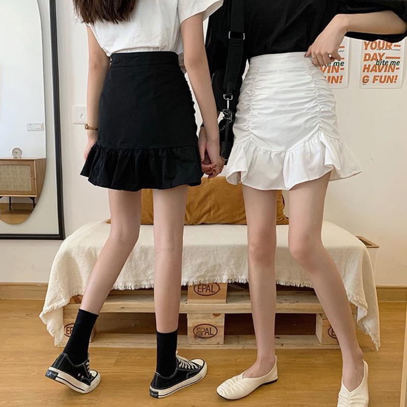 Chân Váy Chữ A Mini Lưng Cao Viền Xếp Nếp Màu Trơn Dành Cho Nữ