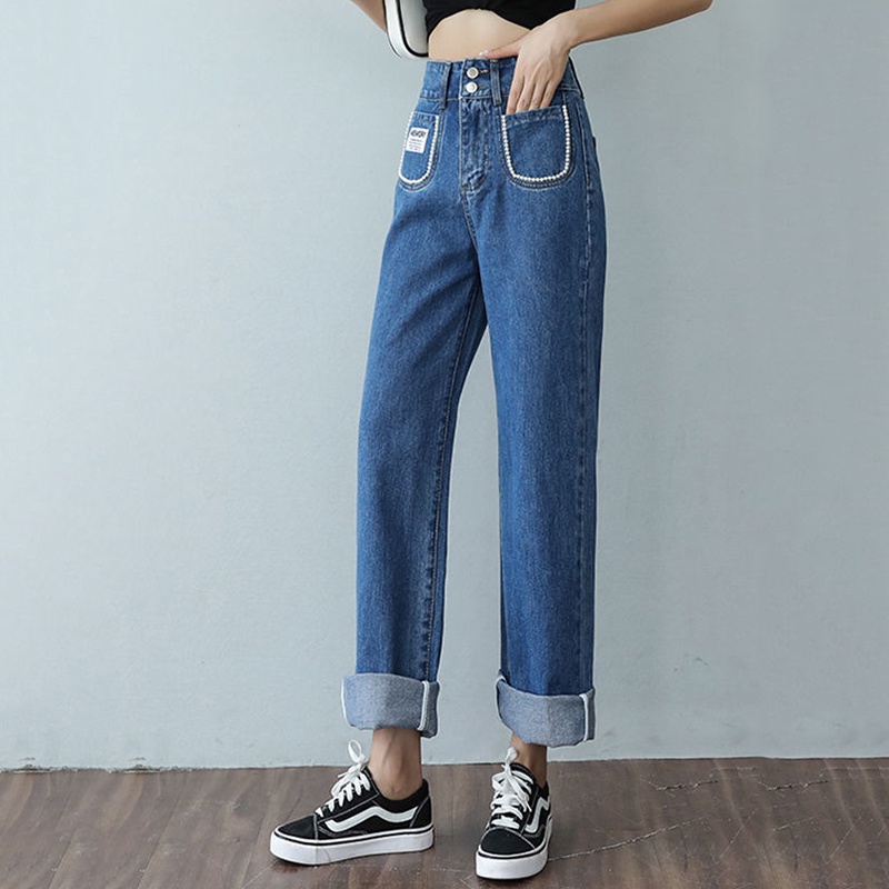 IELGY      Quần Jean Dài Lưng Cao Dáng Rộng Mỏng Đính Ngọc Trai Thời Trang Cá Tính Cho Nữ