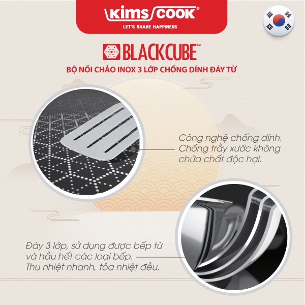 Bộ nồi chảo Kims Cook Blackcube 3 lớp đúc liền đáy từ T&K