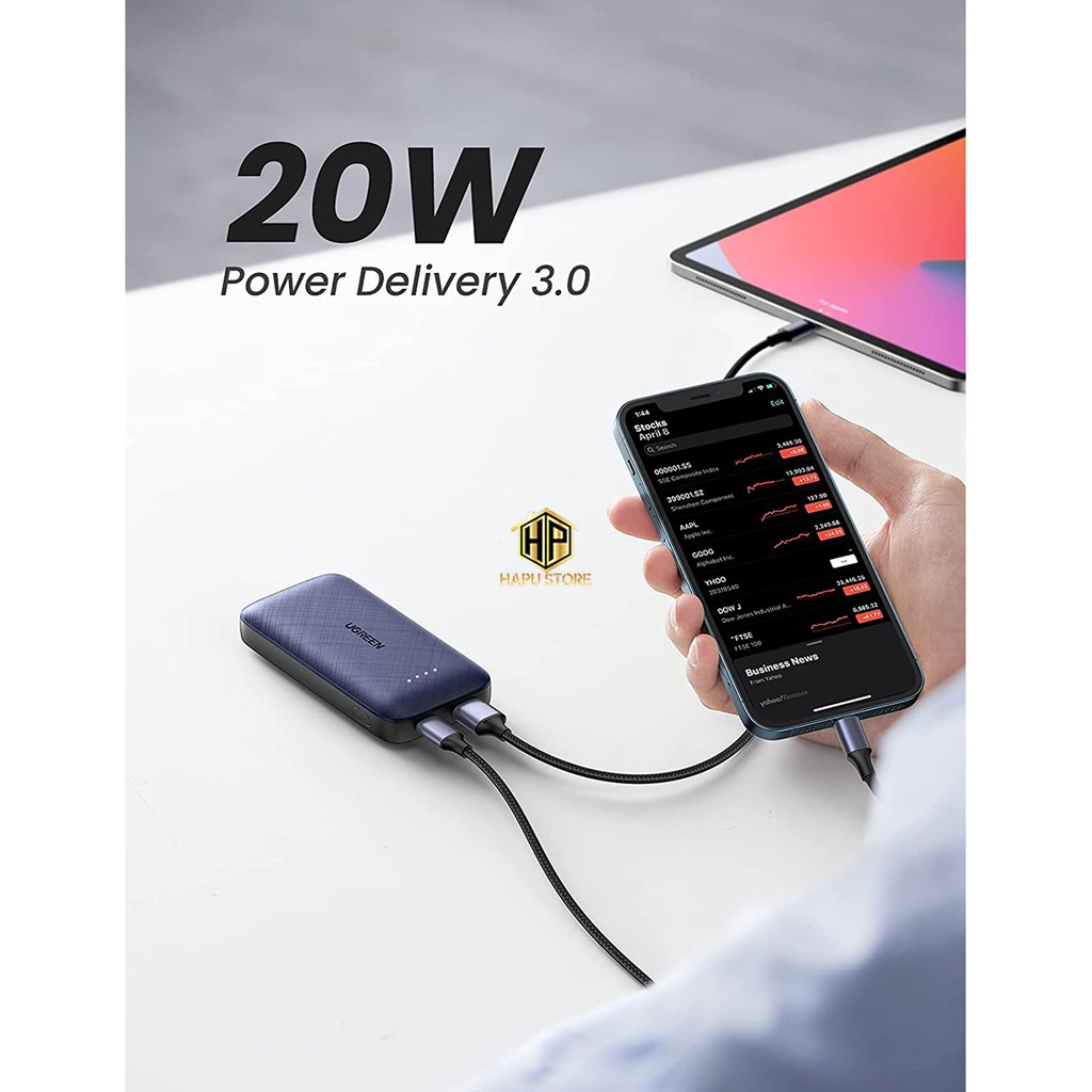 Pin sạc dự phòng mini 10000mAh 2 cổng Ugreen 80749 - PD + QC 3.0 18W Sạc nhanh iPhone 12 - Hapustore