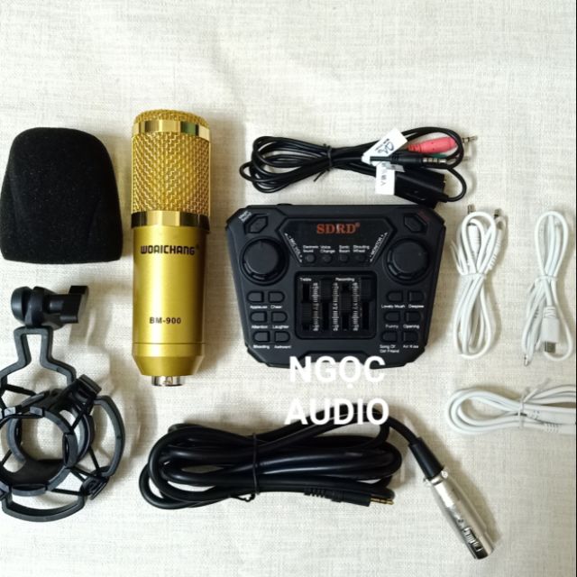 Bộ hát live stream thu âm Sound card sd K08 và micro BM900 tặng tai phone, kèm dây live 3 màu đa năng