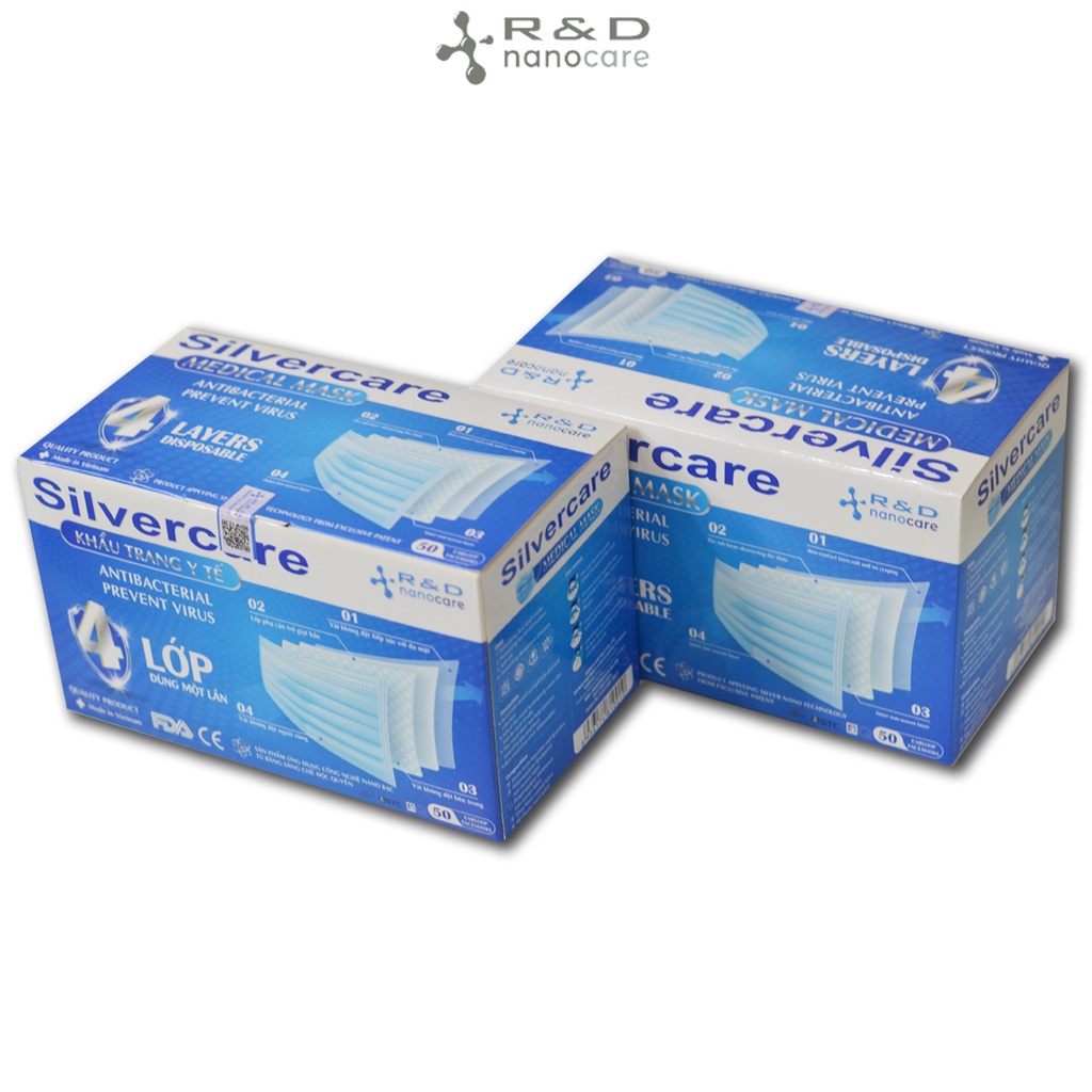 [HỘP-50 CÁI] Khẩu trang y tế kháng khuẩn 4 lớp SILVERCARE (Mầu xanh) - Hàng chính hãng Nanocare R&amp;D