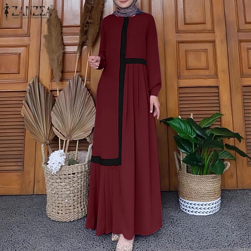 Đầm maxi  ZANZEA tay dài màu trơn phong cách vintage cho phụ nữ Hồi giáo