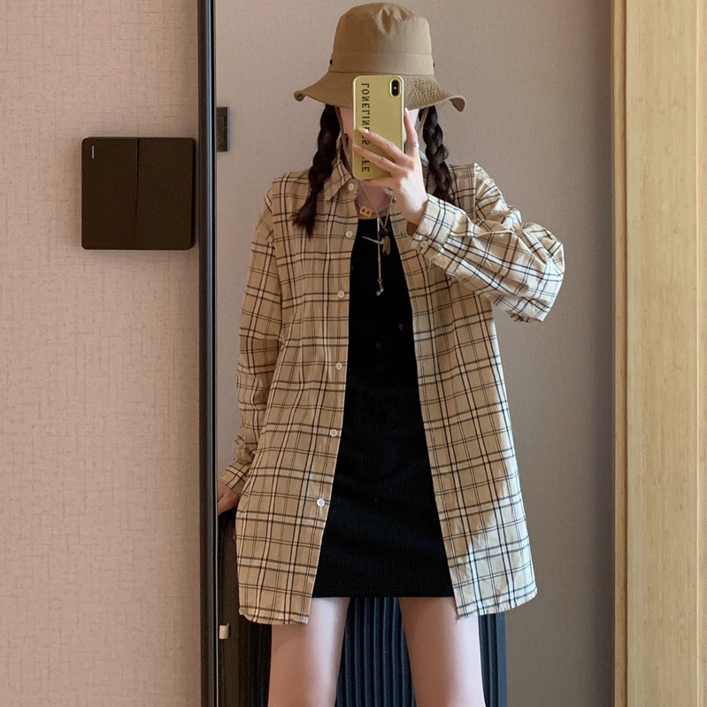 SUXI Áo Sơ Mi Tay Dài Dáng Rộng Kiểu Hàn Quốc Họa Tiết Sọc Caro Cá Tính