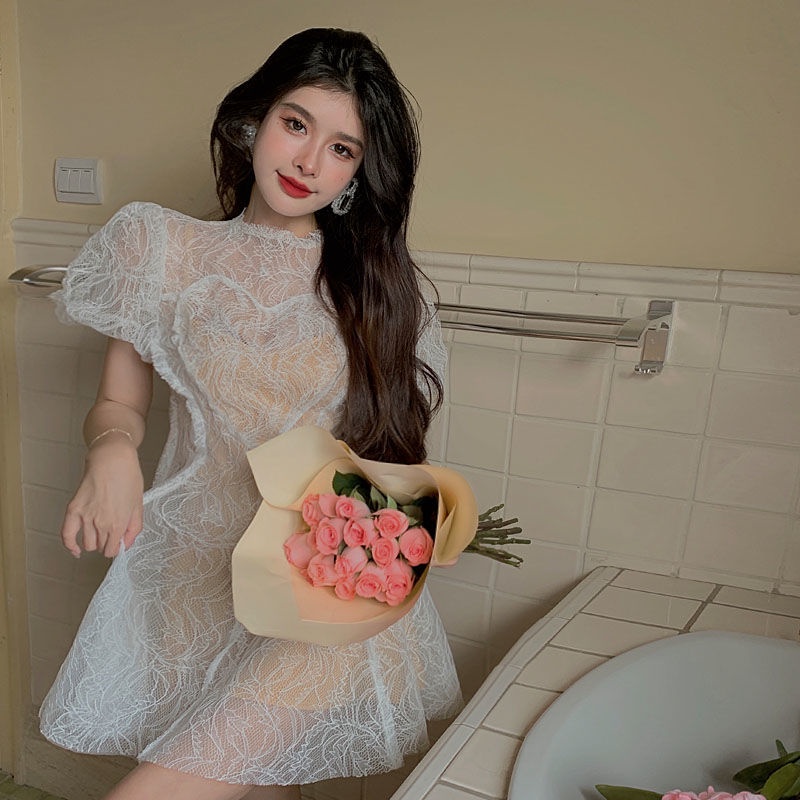 Bộ Đầm Ren Tay Dài Kèm Đầm Yếm Thiết Kế Thanh Lịch Cho Nữ