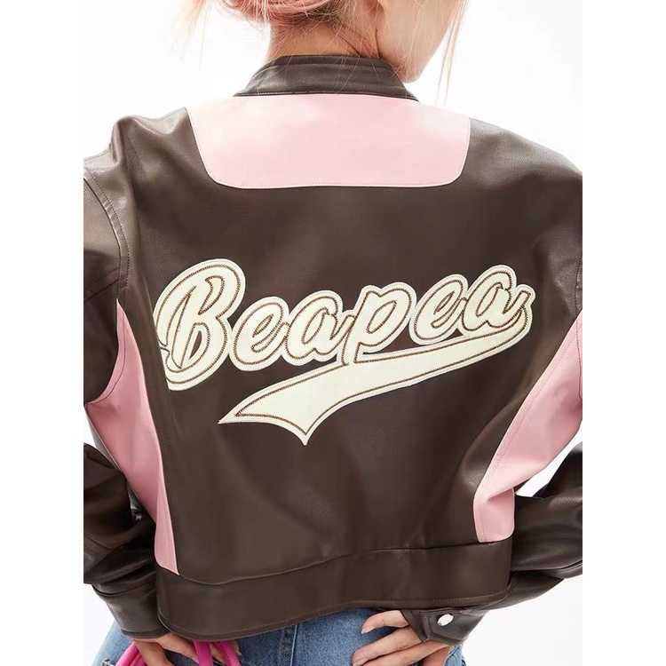 Áo Khoác Da PU Cổ Đứng Phối Khóa Kéo Thêu Họa Tiết Thời Trang Mùa Thu Cho Nữ